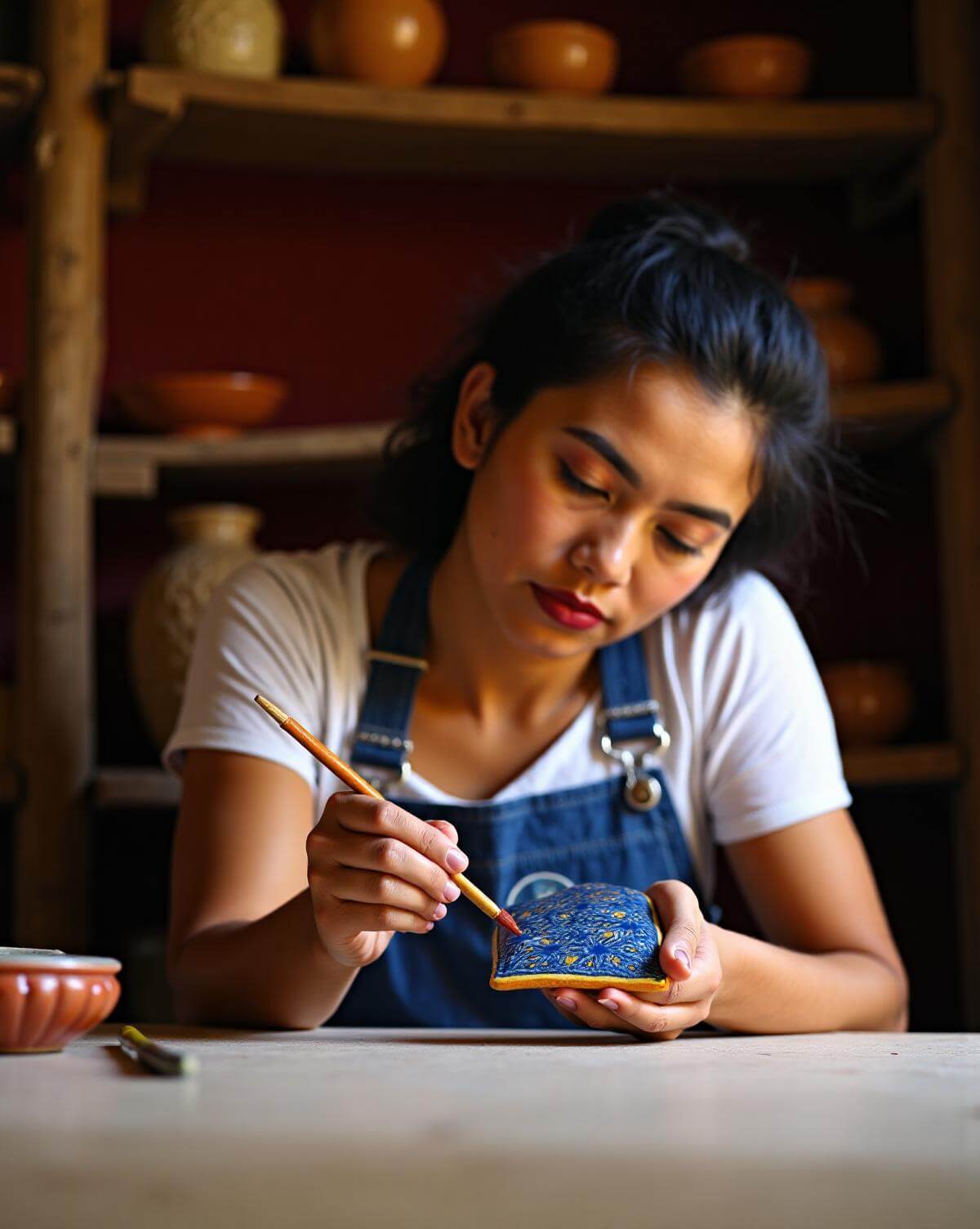 Artesana mexicana pintando a mano una pieza de cerámica tradicional
