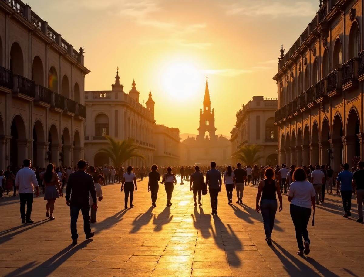 Plaza pública mexicana con personas caminando al atardecer y edificios históricos